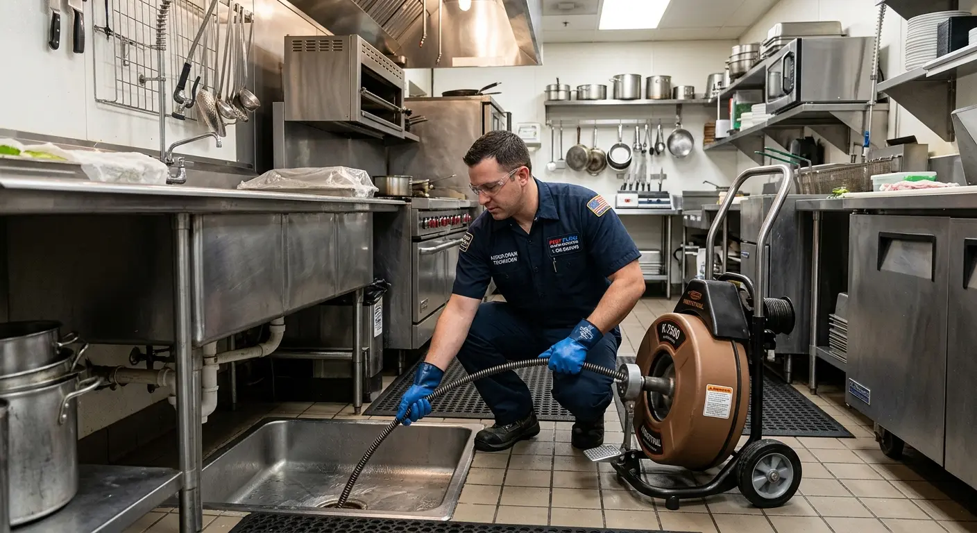 Commercial drain cleaning service in a restaurant kitchen in Tacoma