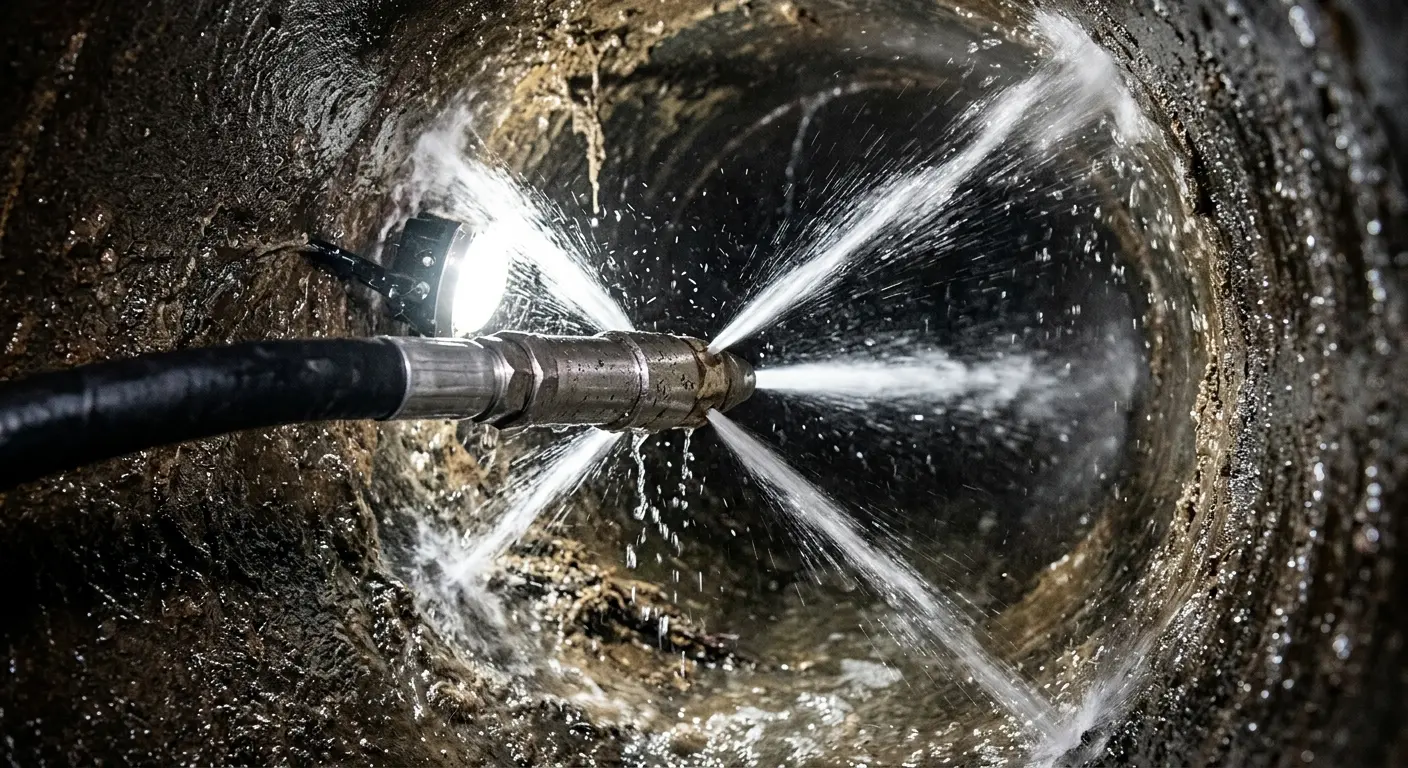 High-pressure hydro jetting nozzle cleaning sewer pipe for Emergency Drain Service in Tacoma