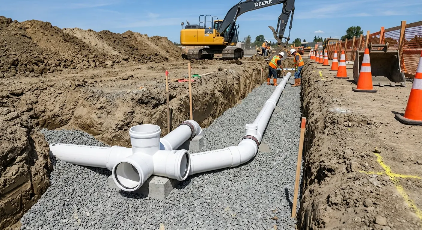 New PVC sewer pipe installation in open trench for Grease Trap Cleaning in Tacoma