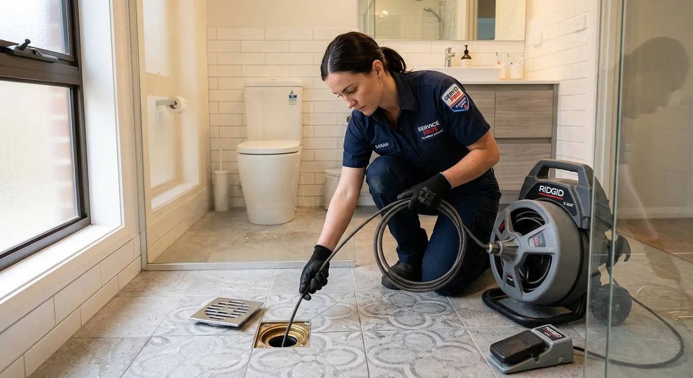 Technician clearing a bathroom floor drain for Drain Cleaning in Tacoma